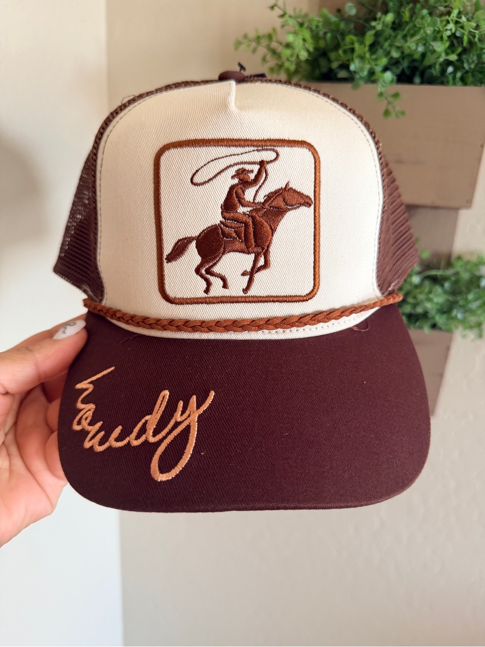 Brown and Cream Western “Howdy” Trucker Hat with Rodeo Embroidery